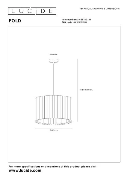 Lucide FOLD - Pendant light - Ø 40 cm - 1xE27 - White - technical